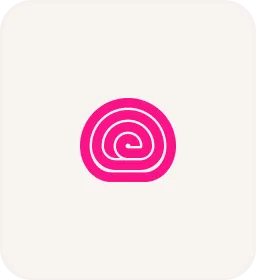 A pink and white logo with a spiral in the middle.