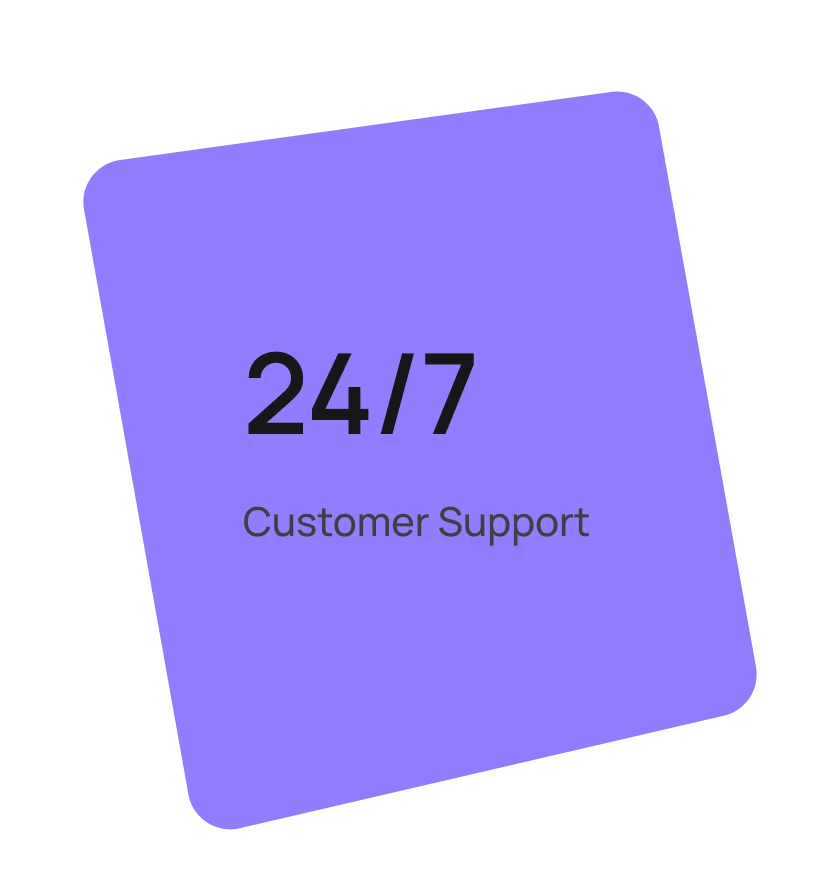 A purple square with the words customer support on it.