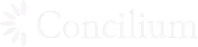 Logo de Concilium avec un symbole abstrait formé de feuilles sur fond noir.