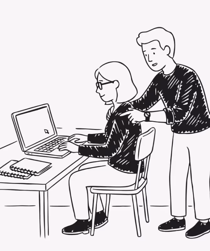 Dessin en noir et blanc d'une personne assise devant un ordinateur portable avec une autre personne debout derrière elle, posant les mains sur ses épaules.