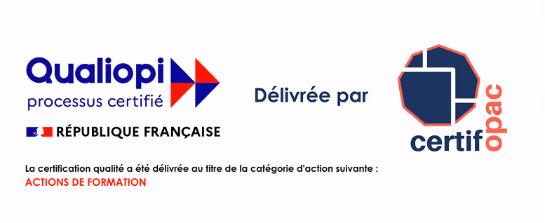 Logos Qualiopi processus certifié et certifopac avec mention de la République Française et texte sur la certification qualité pour actions de formation.