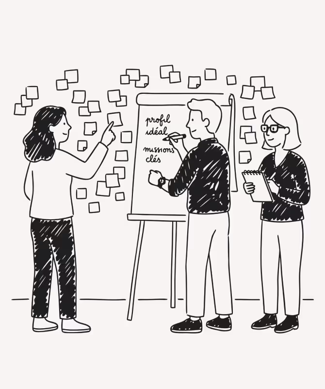 Dessin de trois personnes en réunion avec un tableau blanc affichant les mots « profil idéal » et « missions clés » entouré de notes autocollantes.