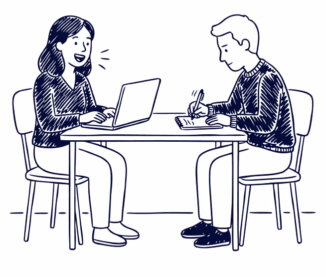 Dessin en ligne de deux personnes assises face à face à une table, une femme utilise un ordinateur portable tandis qu'un homme prend des notes sur un carnet.