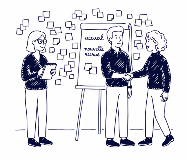 Deux personnes se serrant la main devant un tableau avec les mots 'accueil nouvelle recrue', une autre personne les observe en prenant des notes.