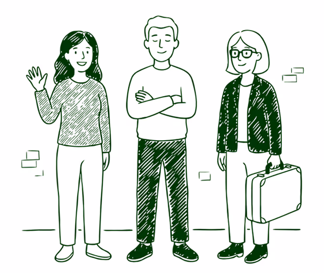 Dessin de trois personnes debout, une femme souriante faisant un signe de la main, un homme avec les bras croisés et une femme portant des lunettes tenant une mallette.