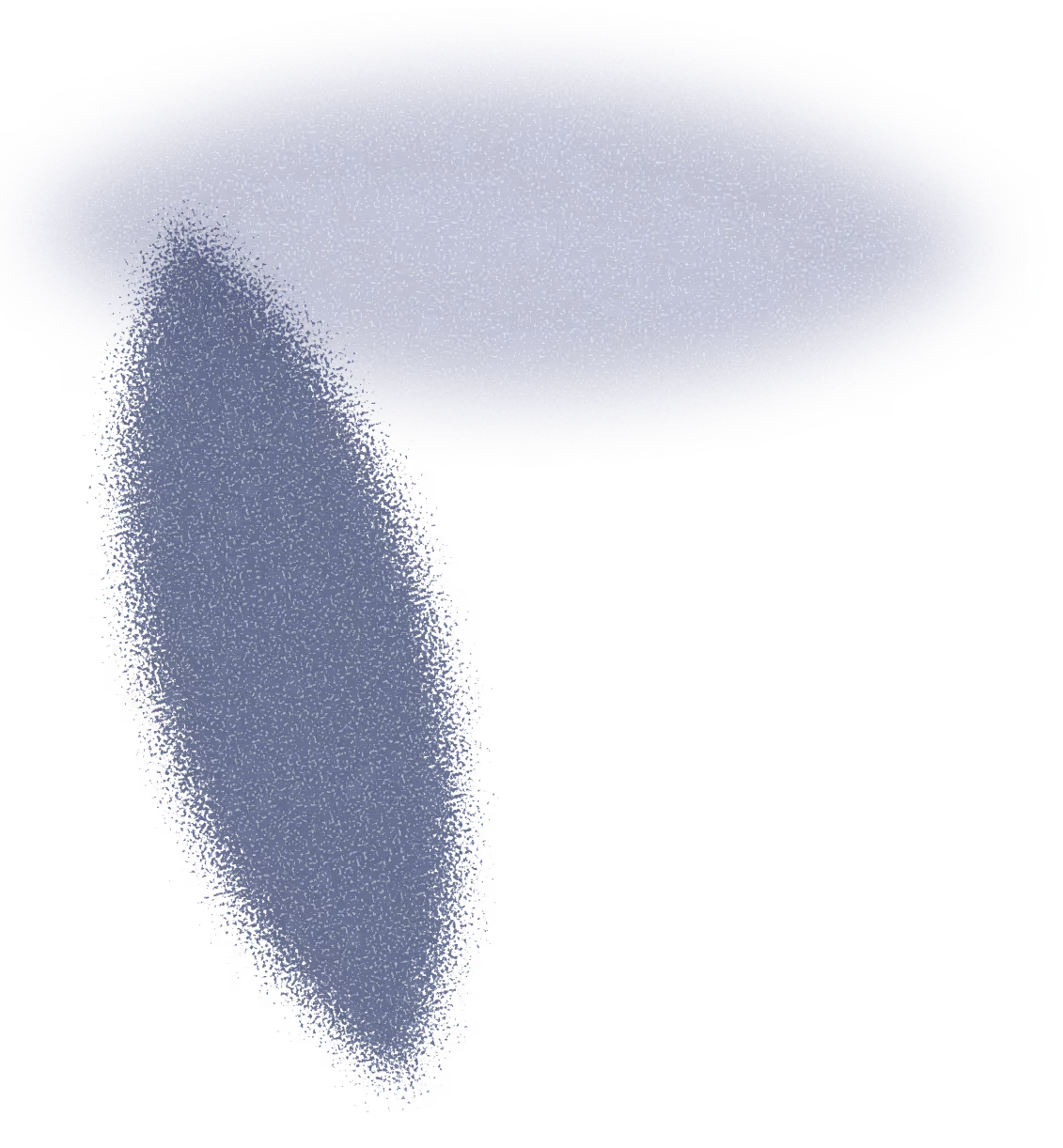 Deux formes ovales abstraites, une grande grise horizontalement en haut et une plus petite bleue verticale en bas à gauche sur fond noir.