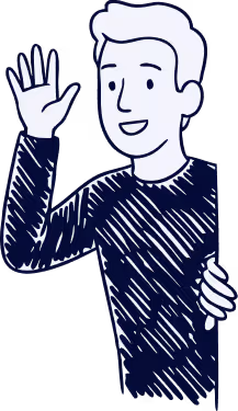 Illustration d'un homme souriant qui fait un geste de salut avec la main levée.