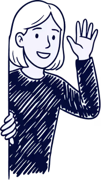 Dessin d'une femme souriante avec des cheveux noirs, saluant avec la main droite levée.