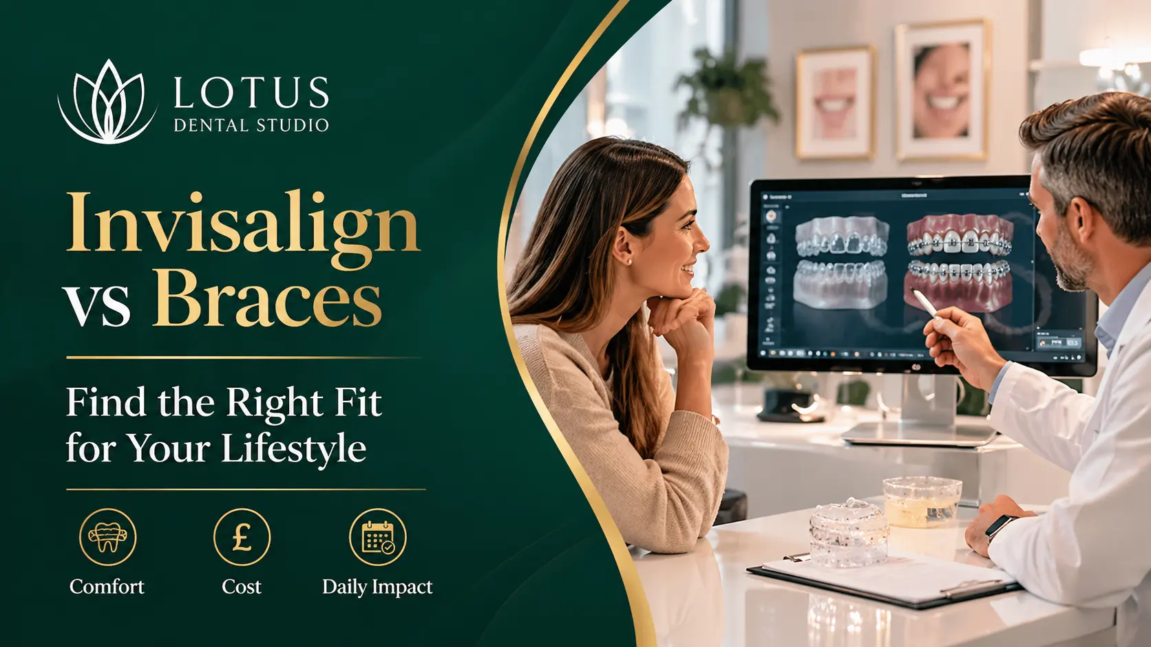Dentist in Llanelli explaining Invisalign vs braces to adult patient using digital teeth scan at Lotus Dental Studio