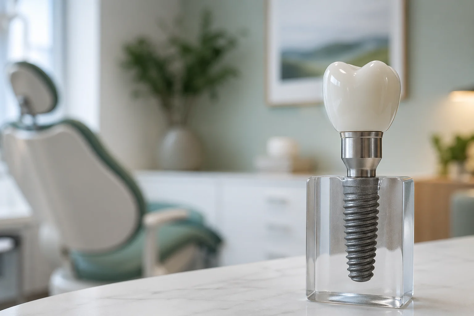 Dental implant model on display at Lotus Dental Studio in Llanelli, Wales