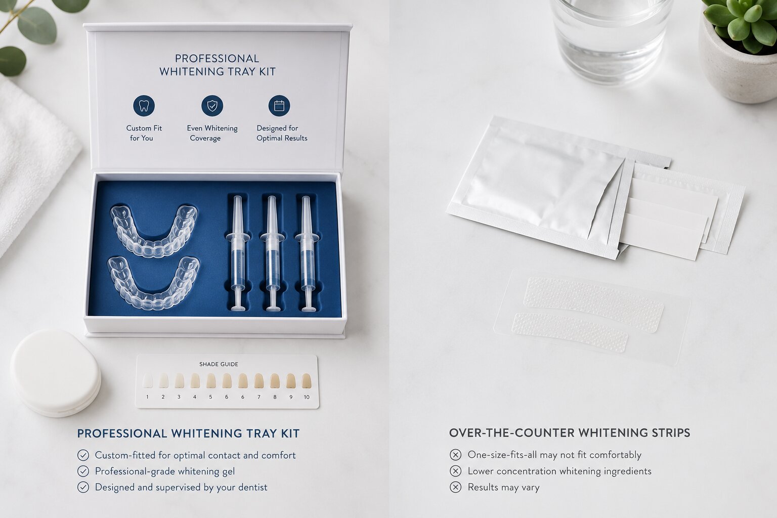 Comparison of professional teeth whitening kit and over-the-counter whitening strips at Lotus Dental Studio in Llanelli
