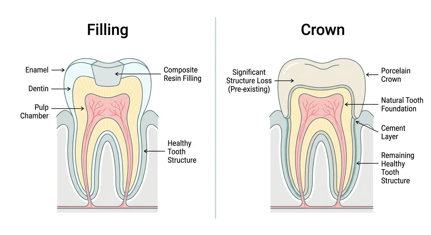 Side by side diagram comparing a dental filling and a dental crown, Lotus Dental Studio in Llanelli South Wales