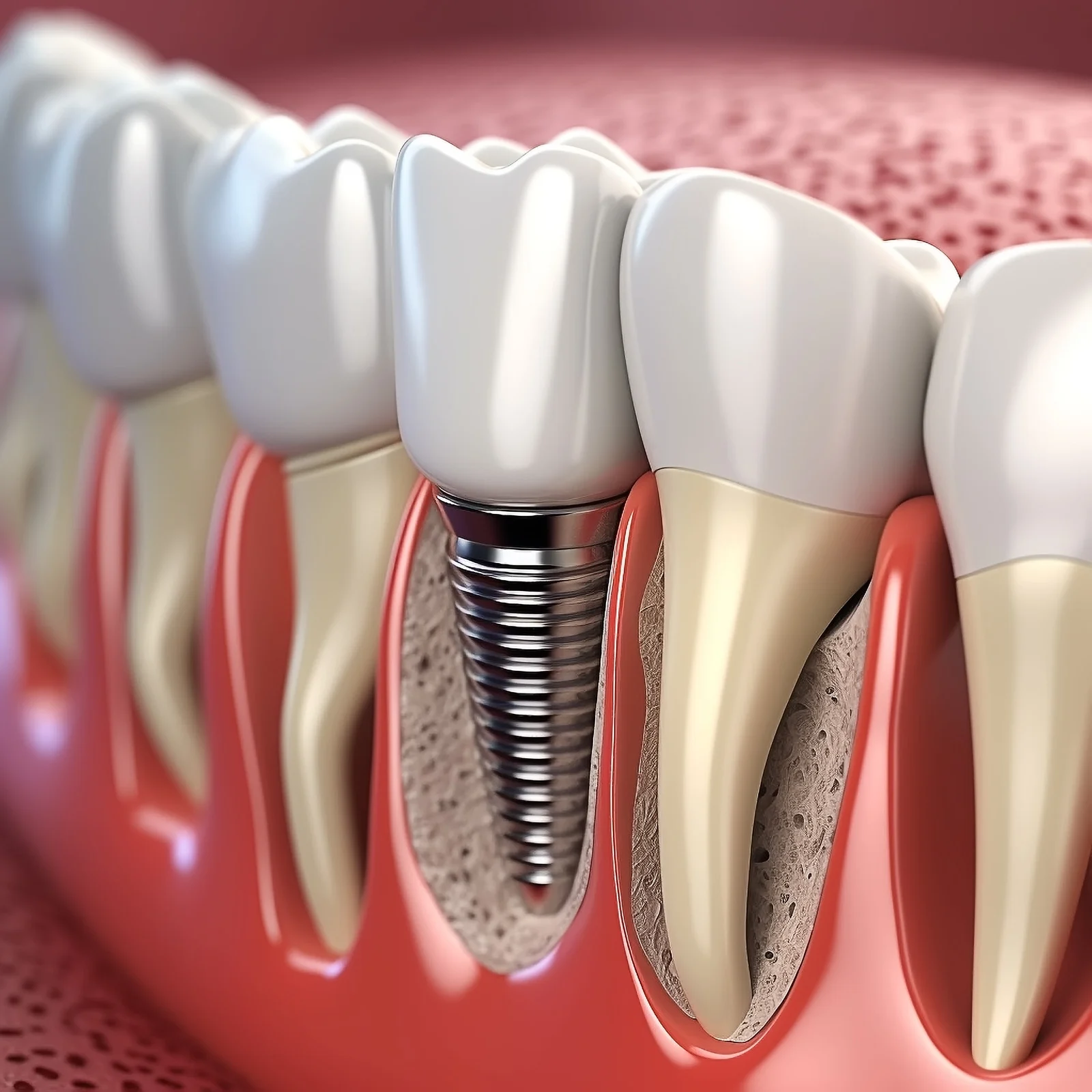 3D diagram showing a dental implant titanium post integrated into the jawbone, Lotus Dental Studio, Llanelli