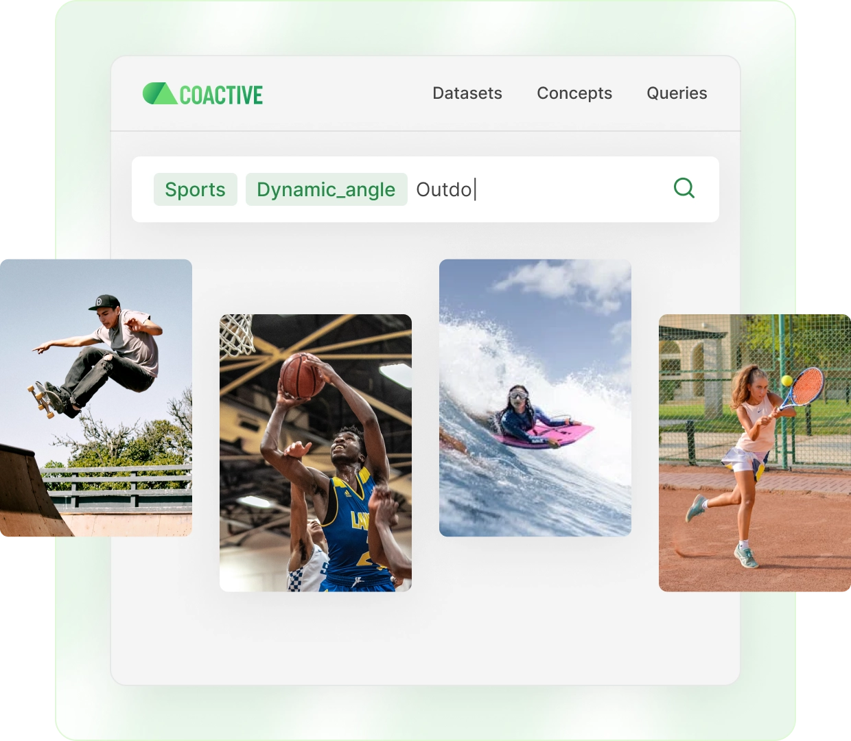 Coactive UI returning correct results based on Sports, Dynamic Angle, and Outdoors