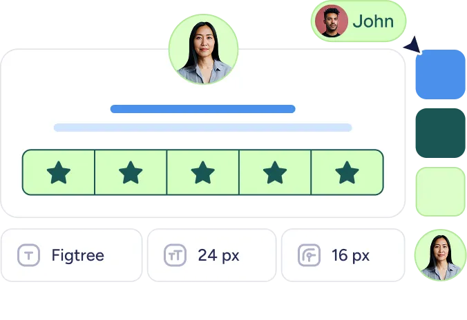 User interface showing a five-star rating system with a profile picture of a woman above the stars and a small user avatar named John pointing to a blue color swatch; font settings below indicate Figtree font, 24 px size, and 16 px line height.