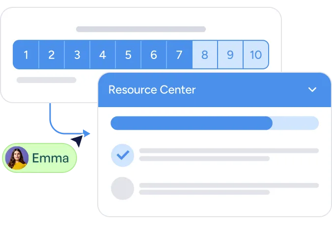 User interface with a numbered pagination bar from 1 to 10, a dropdown panel titled Resource Center showing a progress bar, selected and unselected list items, and a user avatar labeled Emma pointing to the interface.