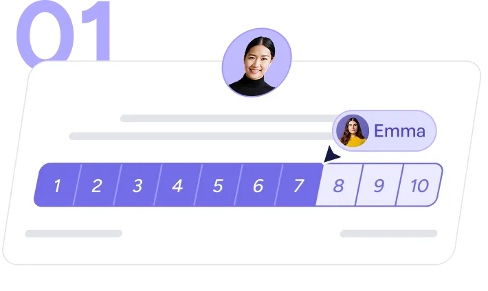 A progress bar highlighting steps 1 to 7 in purple, with a pointer labeled Emma above step 8 and a profile image of a smiling woman at the top.
