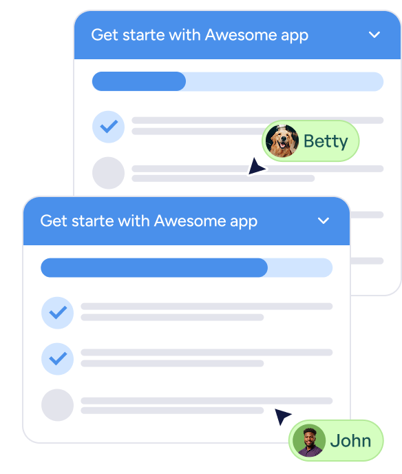 Two chat windows titled 'Get starte with Awesome app' showing progress bars and messages with user icons and names Betty and John.