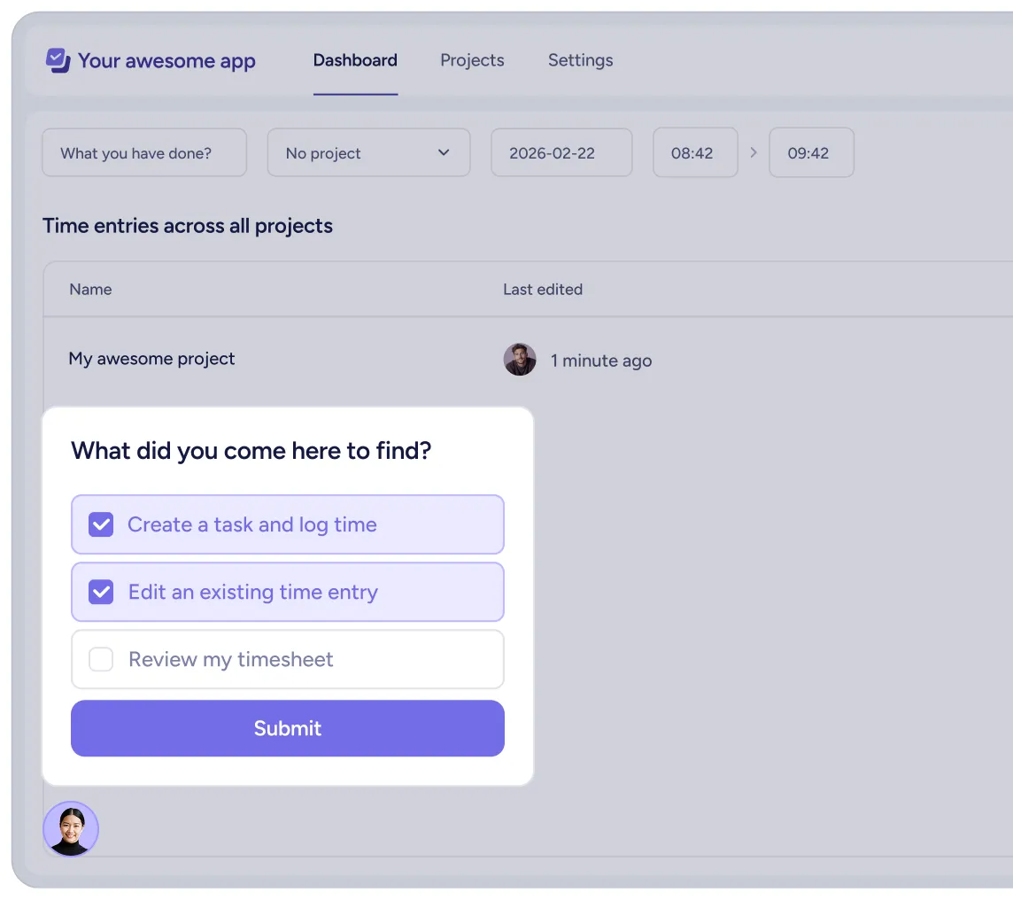 User interface of a task and time tracking app showing dashboard with filters, a project entry, and a pop-up form to select task-related actions with options to create a task and log time, edit an existing time entry, or review a timesheet, plus a submit button.