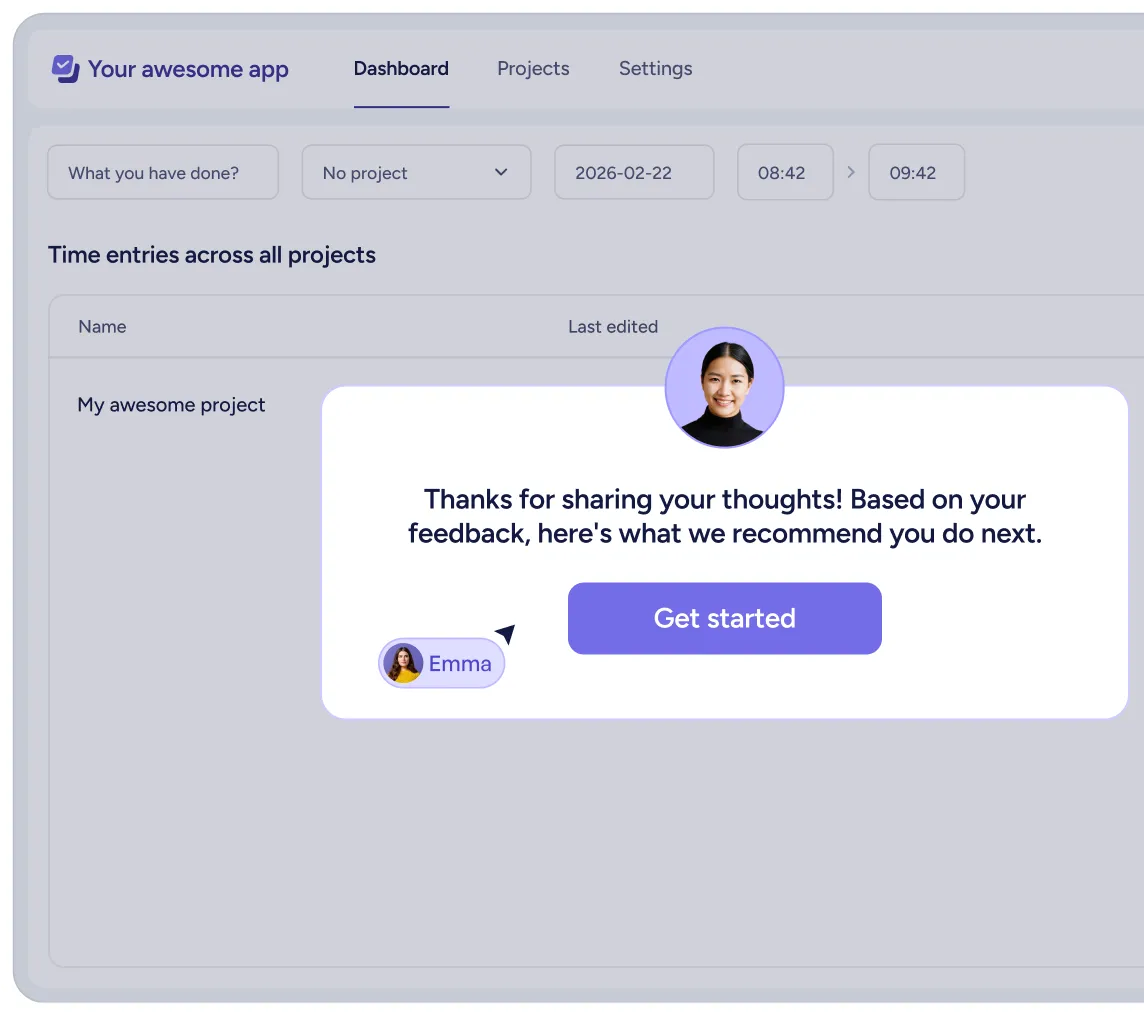 Dashboard interface of a project app displaying a message saying thanks for sharing your thoughts with a Get started button and profile pictures of two users.