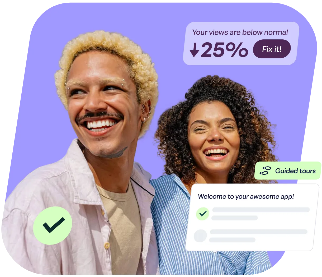 Smiling man with curly blond hair and woman with curly dark hair on a purple background with app interface elements showing a 25% decrease in views and a welcome message.