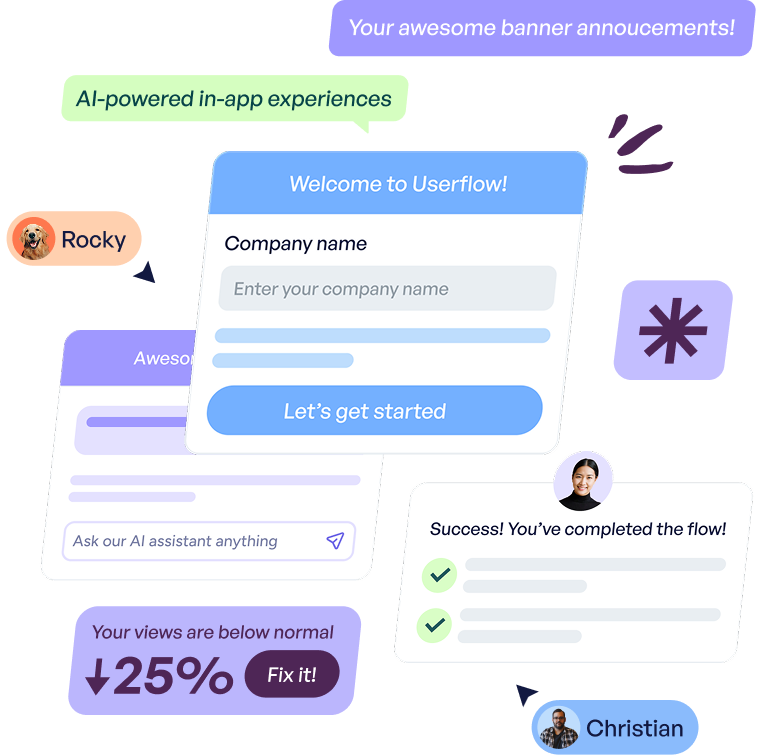 Illustration of Userflow interface elements with chat bubbles including messages like 'Your awesome banner announcements,' 'AI-powered in-app experiences,' a company name input form titled 'Welcome to Userflow,' success confirmation with check marks, user avatars labeled Rocky and Christian, and a notification showing 25% below normal views with a fix button.