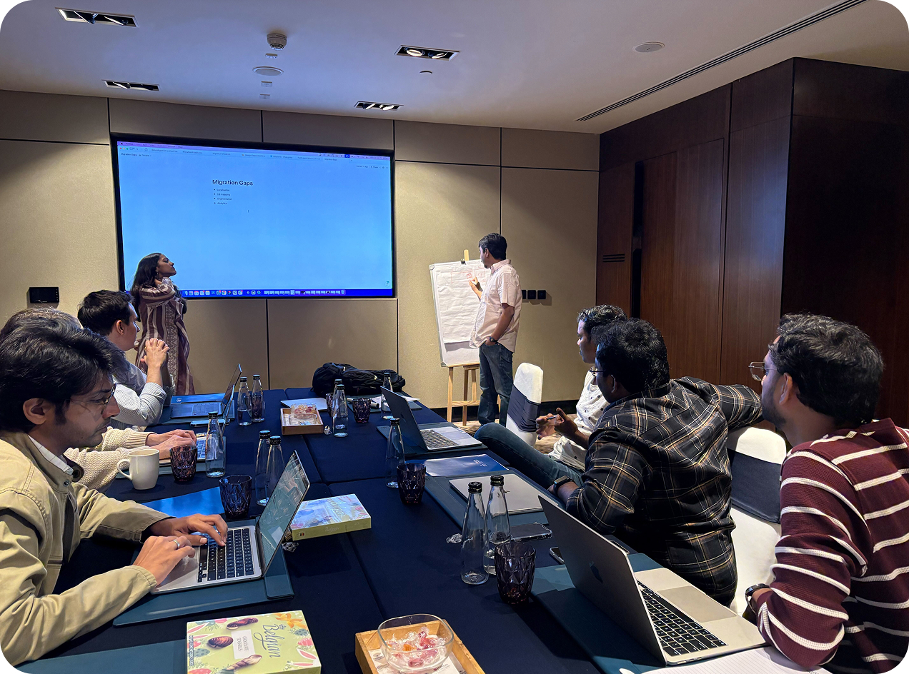 Group of people in a meeting room with laptops, one person presenting at a flip chart and another near a screen showing 'Migration Gaps'.