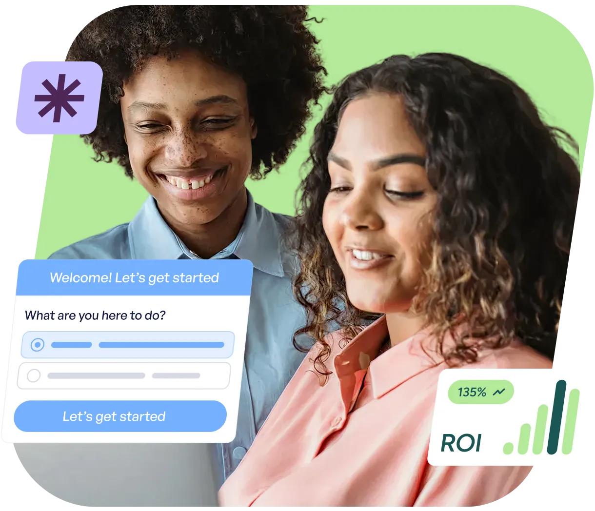 Two people smiling and looking at a laptop screen with a dialog box showing options and a button labeled 'Let's get started', alongside a graphic showing ROI growth at 135%.