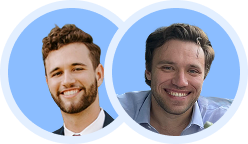 Two men smiling inside overlapping blue circular frames on a light background.