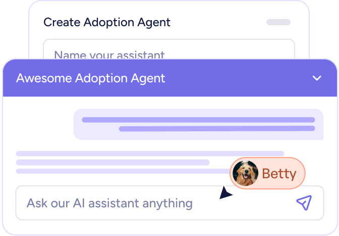 Chat interface labeled Awesome Adoption Agent with a dog's profile picture named Betty and a prompt saying Ask our AI assistant anything.
