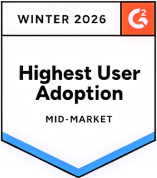 G2 Winter 2026 badge for Highest User Adoption in the Mid-Market category with G2 logo.