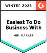 Badge indicating 'Easiest To Do Business With' for mid-market in Winter 2026 from G2.