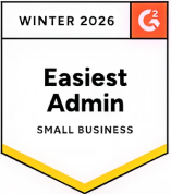 G2 badge for Winter 2026 awarded to Easiest Admin in Small Business category.