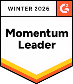 G2 Momentum Leader badge for Winter 2026 with orange and yellow chevron accents.