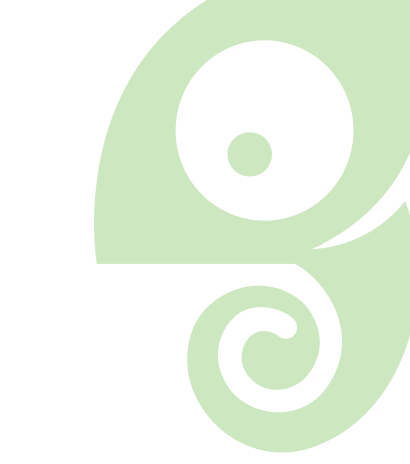 Green stylized chameleon eye and curled tail on a white background.