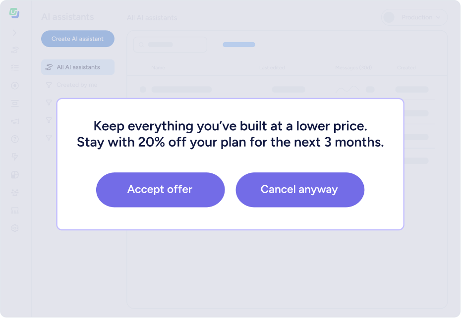Popup message offering 20% discount on plan for 3 months to keep everything built, with buttons to accept offer or cancel anyway.