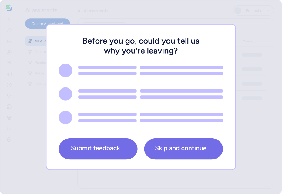 Feedback popup asking why the user is leaving with three multiple-choice options and buttons for submitting feedback or skipping and continuing.
