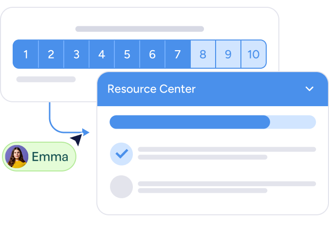 Interface showing a pagination bar with page numbers 1 to 10, highlighted page 7, and a Resource Center panel with a progress bar and checklist item checked, associated with user Emma.