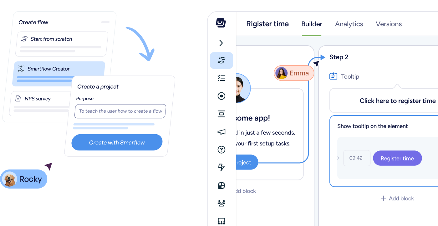 User interface of a flow builder app showing steps to create a project with Smartflow, including chat messages from users Rocky and Emma guiding the process.