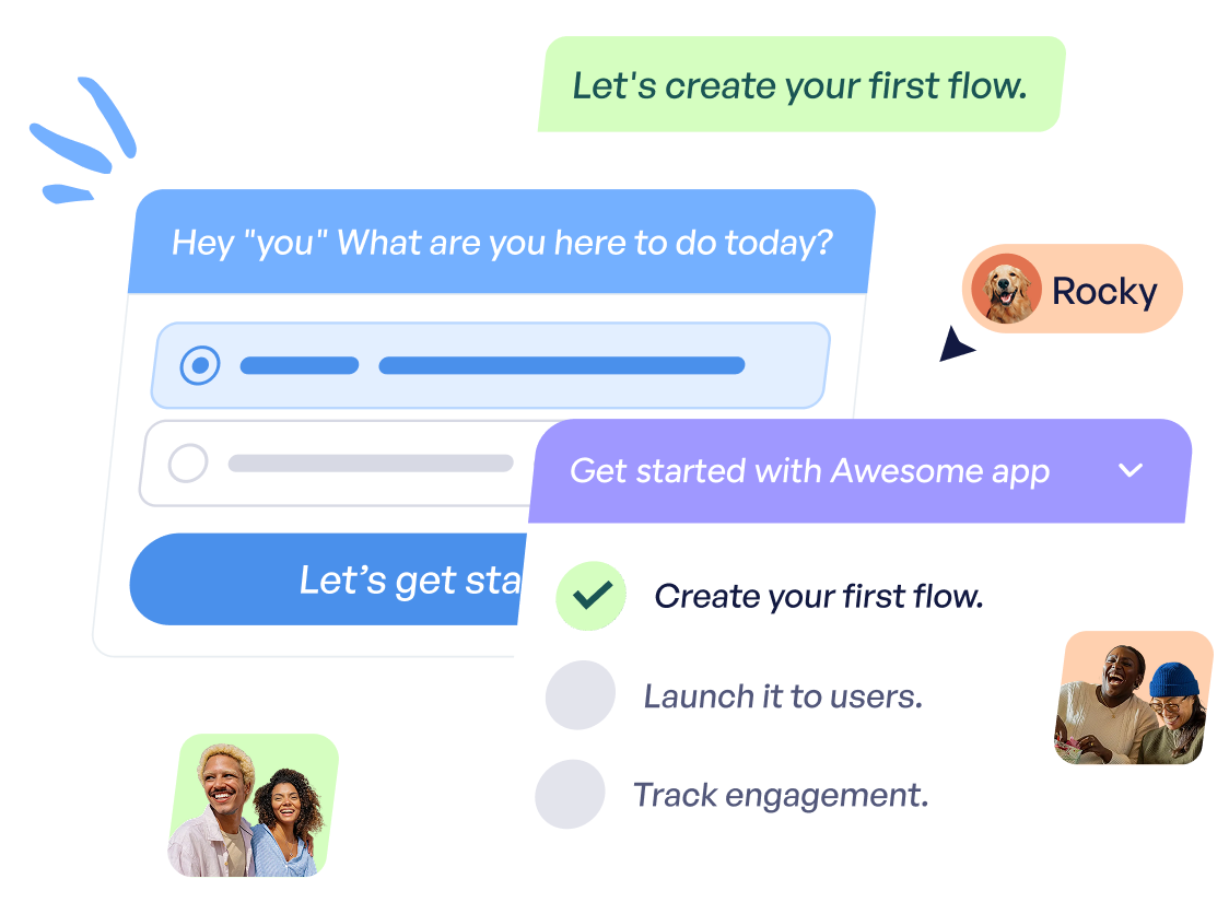 Illustration of user interface elements for creating a first flow, including a checklist with steps: create your first flow, launch it to users, and track engagement, plus chat elements and small images of people and a dog labeled Rocky.
