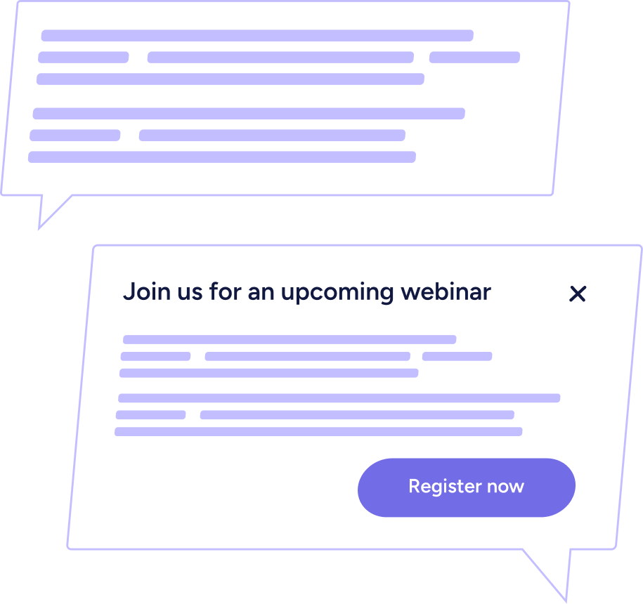 Two speech bubble notifications, one inviting to join an upcoming webinar with a Register now button.