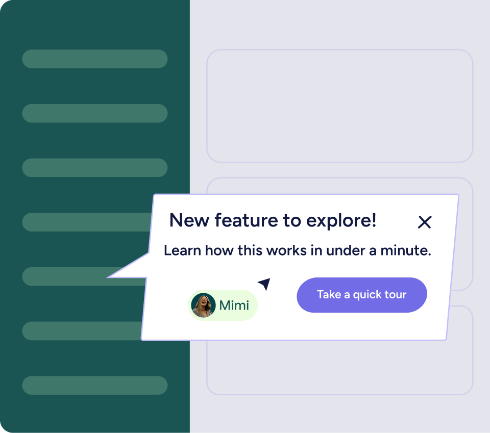 Popup message announcing a new feature with an option to take a quick tour and a small profile icon labeled Mimi.
