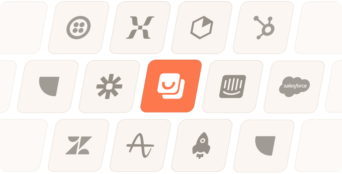 Keyboard keys showing various company logos including Twilio, HubSpot, Salesforce, Zendesk, and others, with one highlighted key in orange featuring a white stacked chat icon.