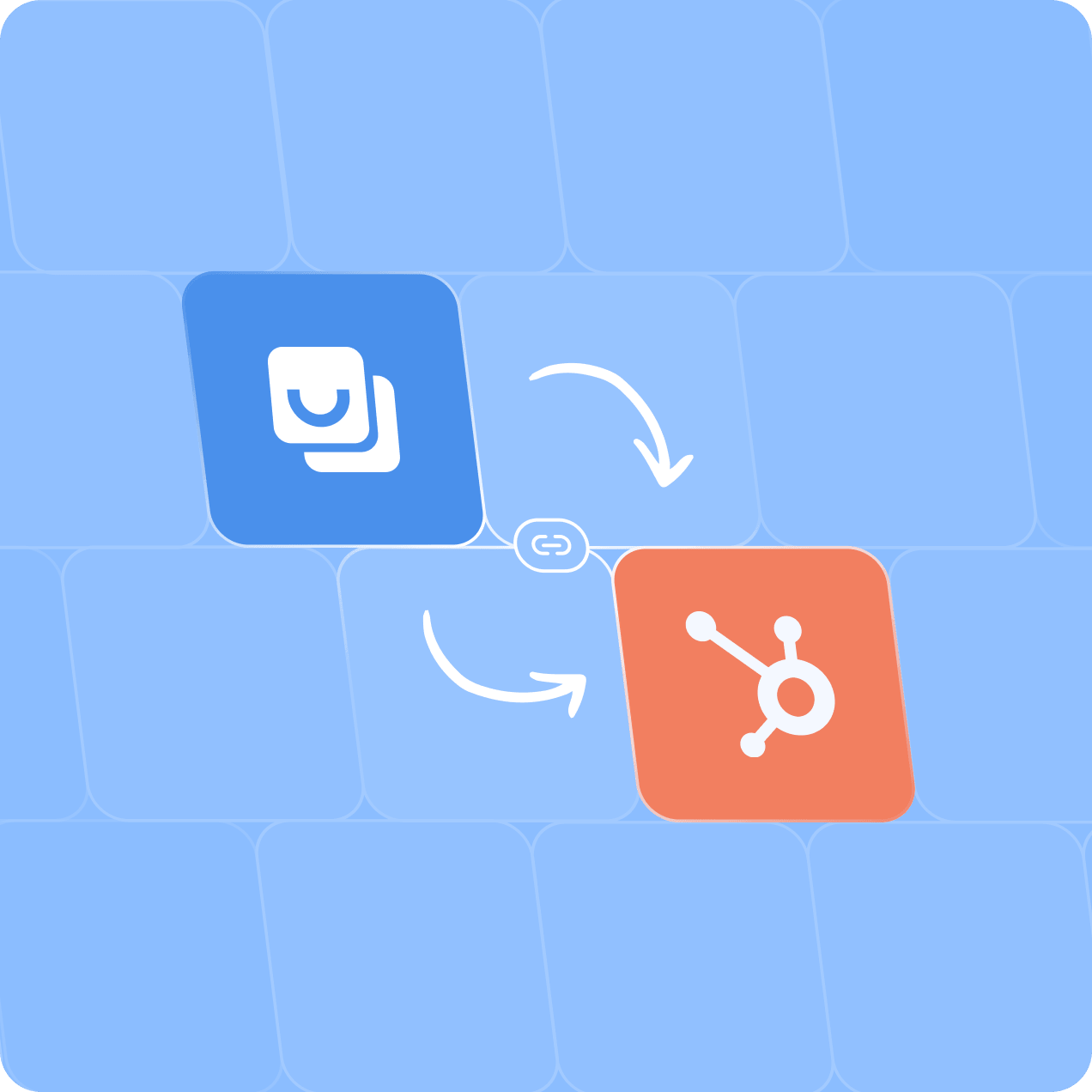 Illustration of integration between two software platforms represented by their logos connected with a link icon and bi-directional arrows on a blue background.