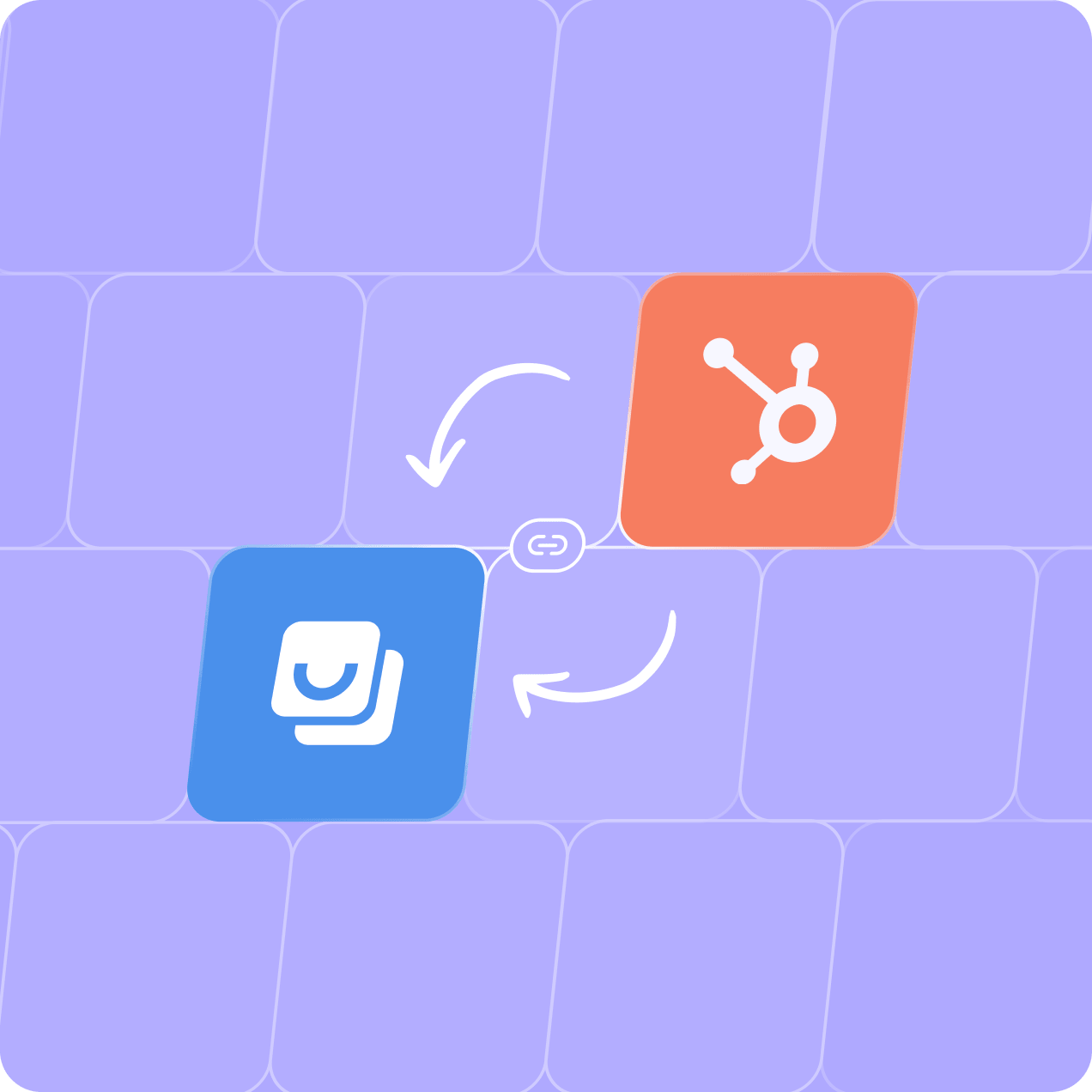 Illustration of two app icons connected by a link symbol with arrows indicating interaction; one icon is blue with a white stacked squares logo and the other is orange with a white HubSpot logo.