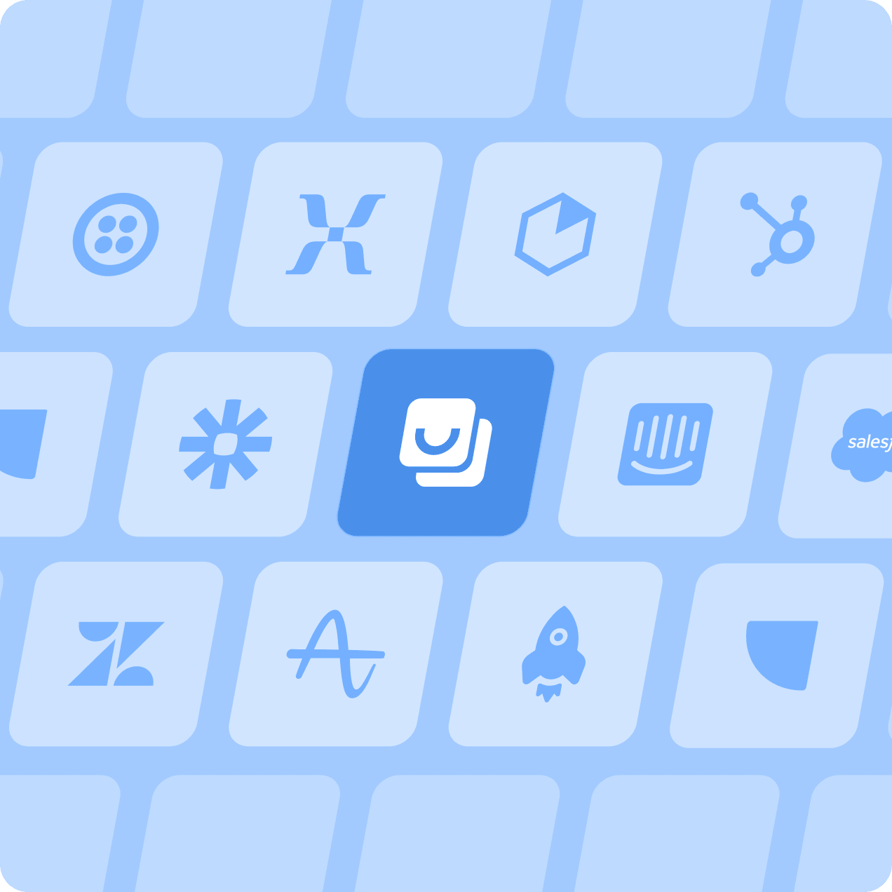 Grid of various technology and software logos with one highlighted in blue, including icons resembling HubSpot, Zapier, Intercom, Salesforce, Zendesk, and others.