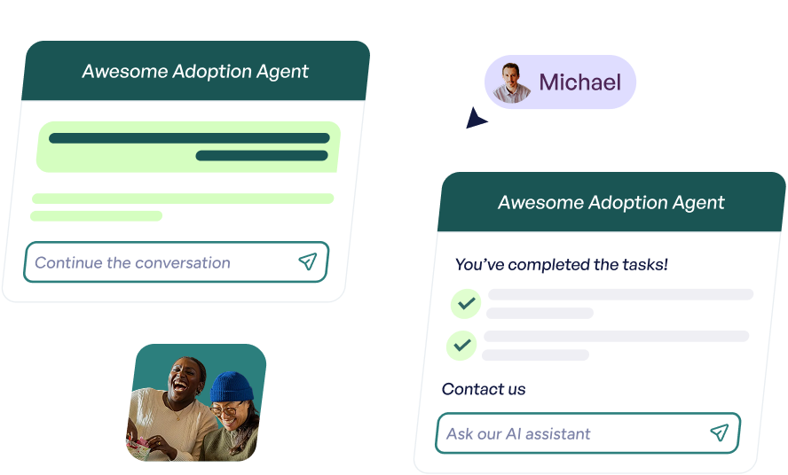 Two chat interface windows labeled 'Awesome Adoption Agent' showing conversation prompts and task completion; a small photo of a man named Michael and a photo of two people smiling together.