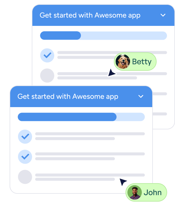 Two overlapping app interface panels titled 'Get started with Awesome app' showing task progress bars, check marks for completed tasks, and chat messages from users Betty and John with their profile pictures.