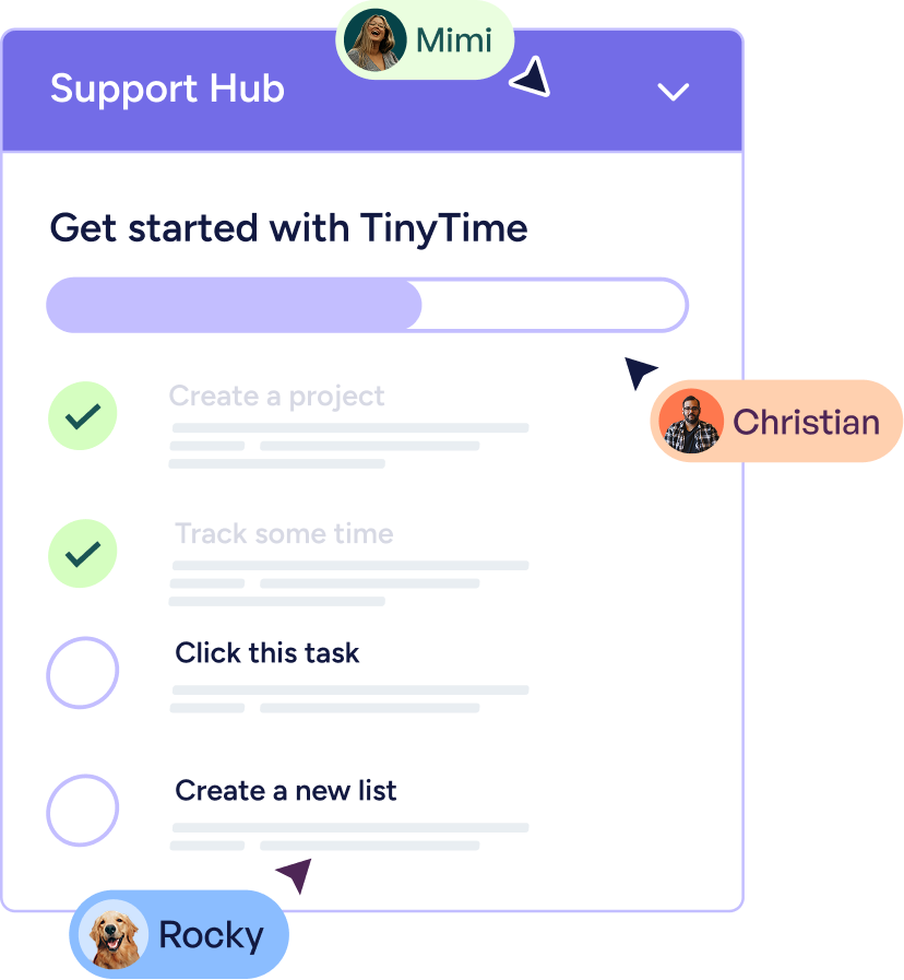 Support Hub task list titled Get started with TinyTime showing completed tasks Create a project and Track some time with check marks, and pending tasks Click this task and Create a new list with cursor pointers labeled Mimi, Christian, and Rocky.
