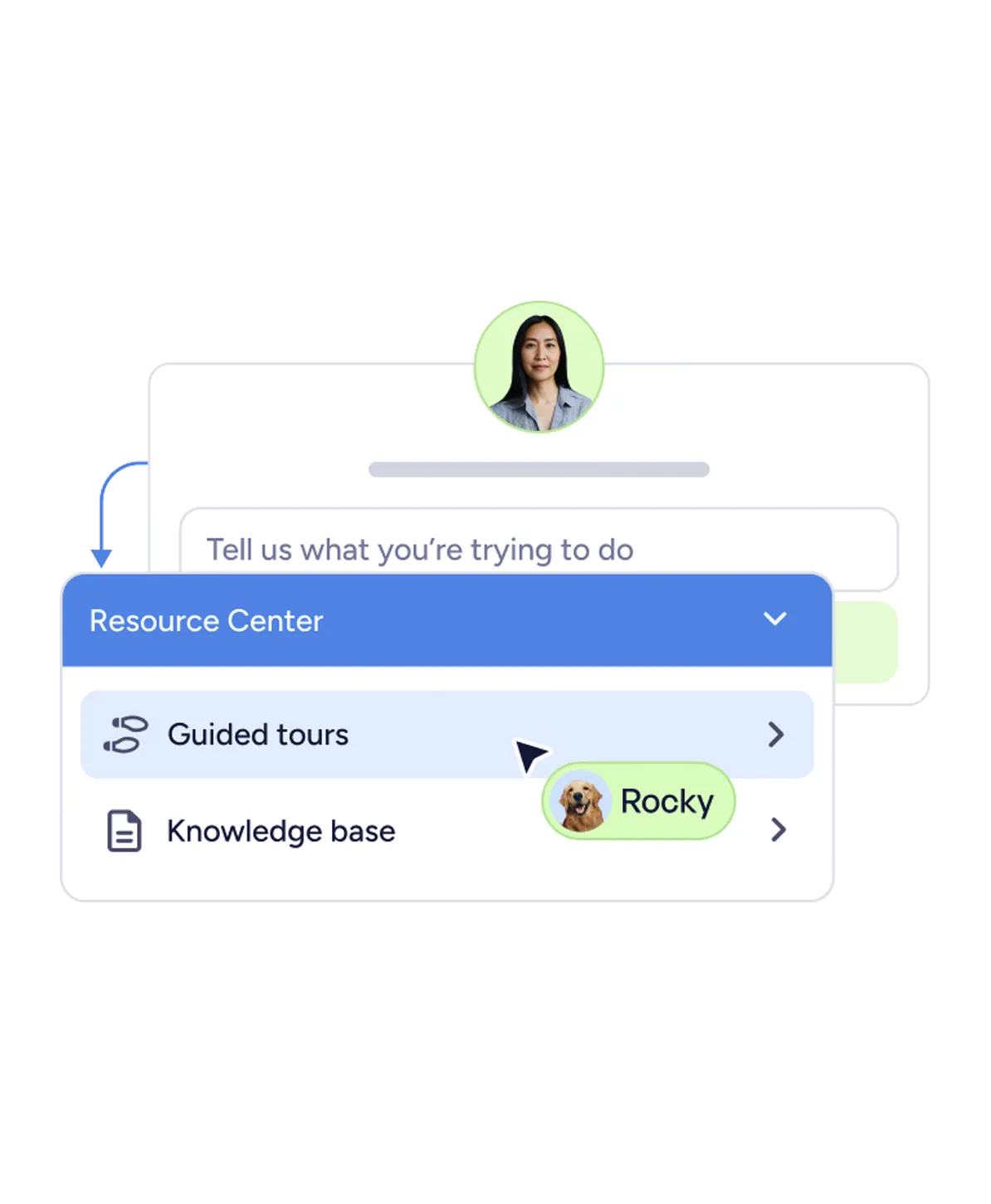 User interface showing a conversation with Rocky, highlighting Resource Center options like Guided tours and Knowledge base.